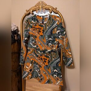 Zara Women's Orange and Green Paisley Long Sleeve Dress